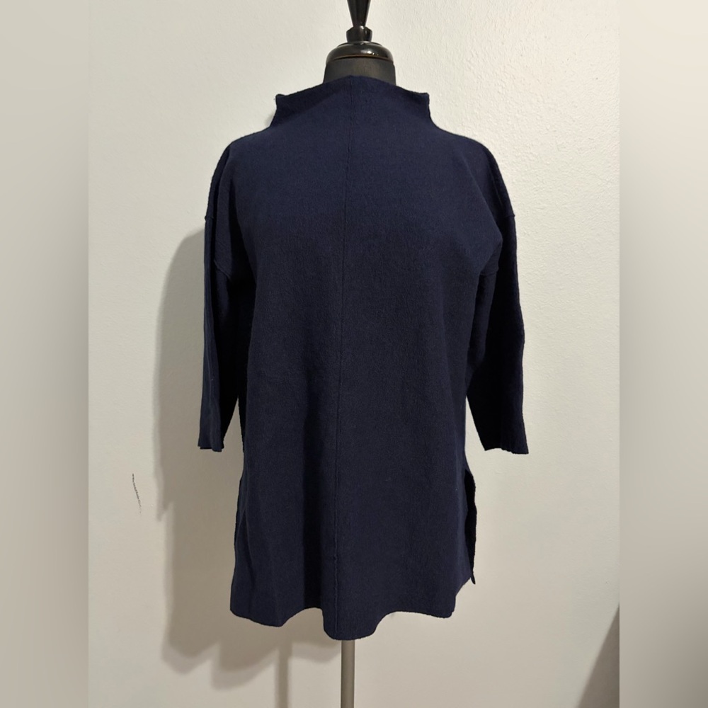 Eileen Fisher Navy Relaxed Mock-Neck Knit Pullover